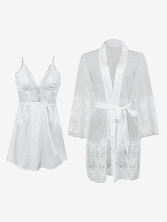 パジャマセット ホワイト シースルー レース デイリーカジュアル バックレス ランジェリー