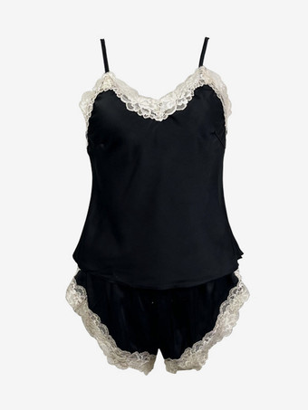 パジャマセット ブラック シルク風 ツートンカラー 室内用ランジェリー