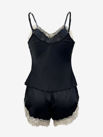 パジャマセット ブラック シルク風 ツートンカラー 室内用ランジェリー