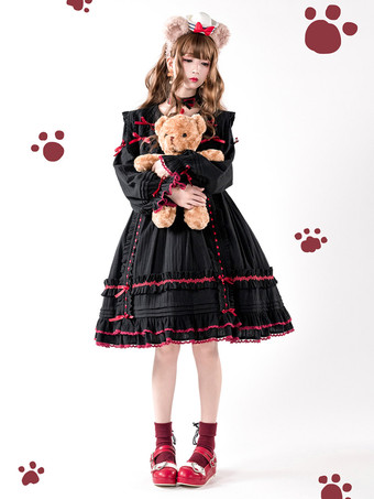 ブラック ゴシック ロリータ ドレス リボン レース カラーブロック ブラック ブラック