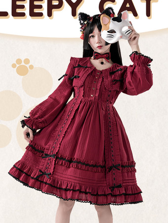 ワインレッド ゴシック ロリータ ドレス リボン レース カラーブロック ブラック ブラック