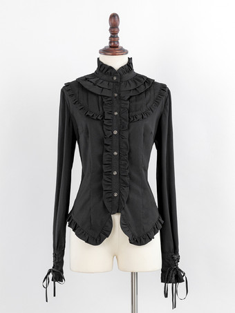 ブラック ゴシックロリータブラウス フリル リボン ロリータトップス 長袖 グレーロリータシャツ