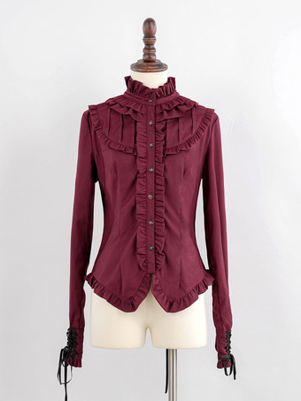 ワインレッド ゴシックロリータブラウス フリル リボン ロリータトップス 長袖 グレーロリータシャツ