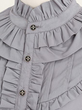 ゴシックロリータブラウス フリル リボン ロリータトップス 長袖 グレーロリータシャツ