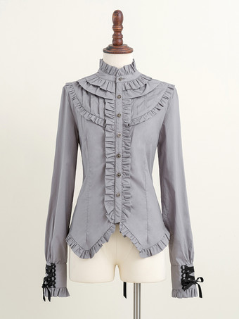 グレイゴシックロリータブラウス フリル リボン ロリータトップス 長袖 グレーロリータシャツ