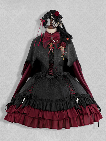 ゴシック ロリータ ケープ レッド ジャカード フリル レース ジャカード カラーブロック 秋 ロリータ アウター