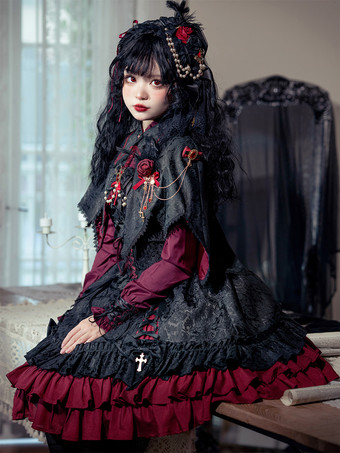 ゴシック ロリータ ケープ レッド ジャカード フリル レース ジャカード カラーブロック 秋 ロリータ アウター