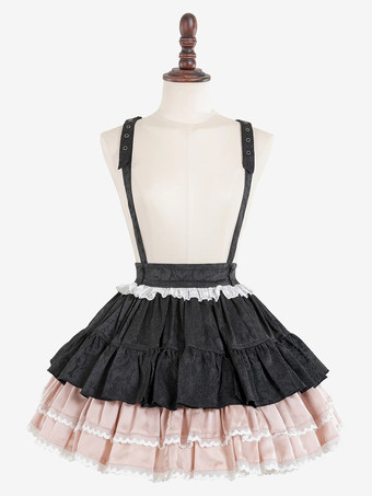 ピンクゴシックロリータSKジャカードピンクグロメットフリルロリータスカート