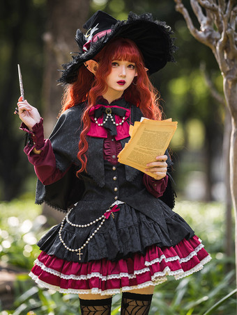 ゴシックロリータSKジャカードピンクグロメットフリルロリータスカート