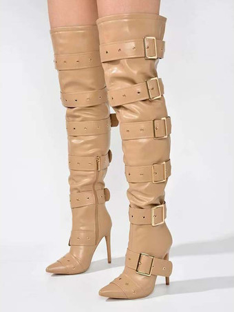 Color almendra claroBotas por encima de la rodilla de color azul cielo claro para mujer botas por encima de la rodilla de poliéster con hebilla y tacón de aguja