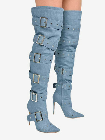 Botas por encima de la rodilla de color azul cielo claro para mujer botas por encima de la rodilla de poliéster con hebilla y tacón de aguja