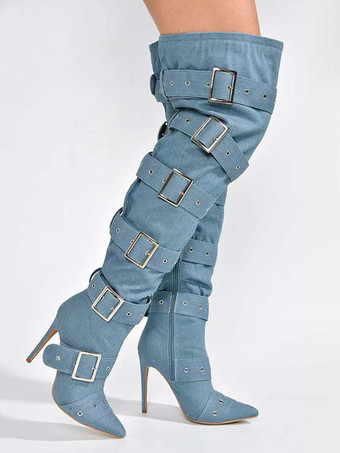 Botas por encima de la rodilla de color azul cielo claro para mujer botas por encima de la rodilla de poliéster con hebilla y tacón de aguja