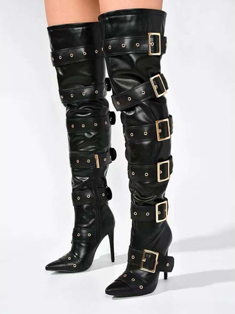 negro Botas por encima de la rodilla de color azul cielo claro para mujer botas por encima de la rodilla de poliéster con hebilla y tacón de aguja