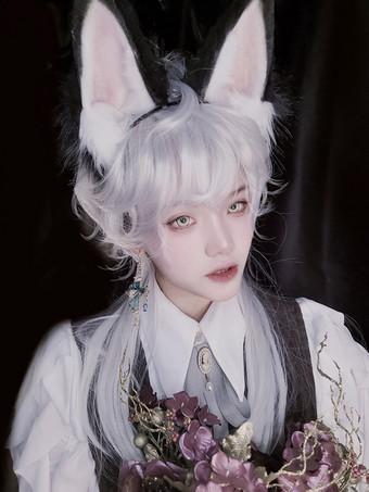 シルバー ゴシックロリータウィッグ ロングレイヤードシルバーロリータアクセサリー