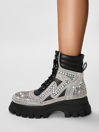 ブラック レディース アンクルブーツ ブラック ラインストーン ブーティ PUレザー ラウンドトゥ チャンキーヒール