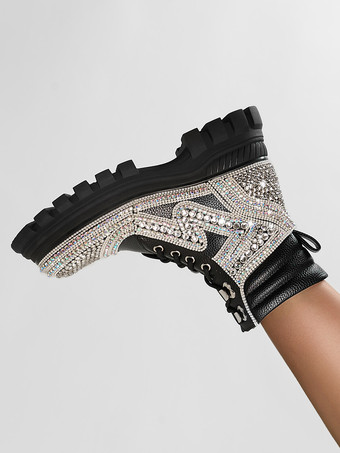 レディース アンクルブーツ ブラック ラインストーン ブーティ PUレザー ラウンドトゥ チャンキーヒール