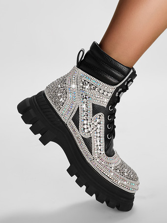 レディース アンクルブーツ ブラック ラインストーン ブーティ PUレザー ラウンドトゥ チャンキーヒール