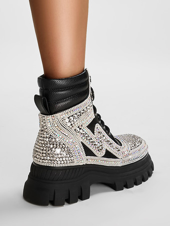 レディース アンクルブーツ ブラック ラインストーン ブーティ PUレザー ラウンドトゥ チャンキーヒール