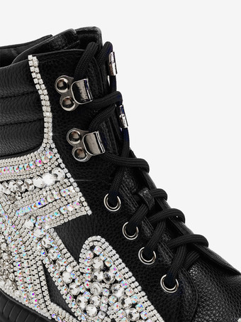 レディース アンクルブーツ ブラック ラインストーン ブーティ PUレザー ラウンドトゥ チャンキーヒール