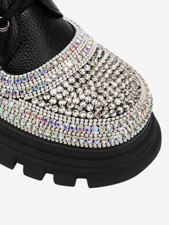 レディース アンクルブーツ ブラック ラインストーン ブーティ PUレザー ラウンドトゥ チャンキーヒール