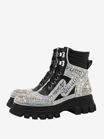 レディース アンクルブーツ ブラック ラインストーン ブーティ PUレザー ラウンドトゥ チャンキーヒール