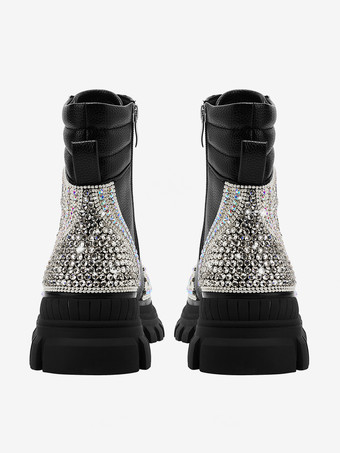 レディース アンクルブーツ ブラック ラインストーン ブーティ PUレザー ラウンドトゥ チャンキーヒール