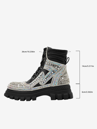 レディース アンクルブーツ ブラック ラインストーン ブーティ PUレザー ラウンドトゥ チャンキーヒール