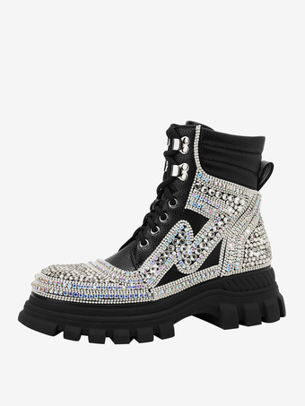 レディース アンクルブーツ ブラック ラインストーン ブーティ PUレザー ラウンドトゥ チャンキーヒール