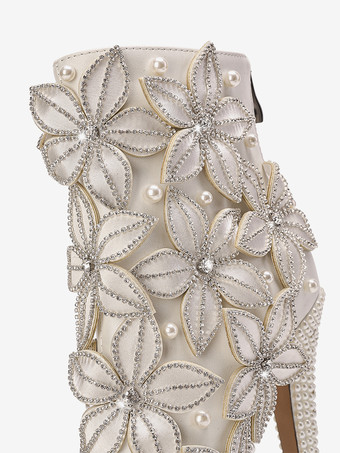 レディース アンクルブーツ ホワイト ラインストーン ブーティ PUレザー ラウンドトゥ スティレットヒール