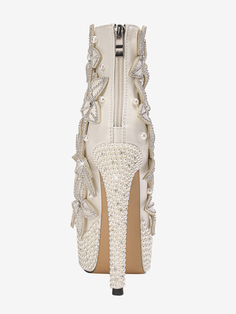 レディース アンクルブーツ ホワイト ラインストーン ブーティ PUレザー ラウンドトゥ スティレットヒール