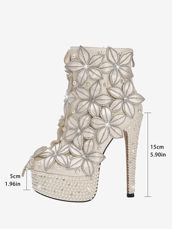 レディース アンクルブーツ ホワイト ラインストーン ブーティ PUレザー ラウンドトゥ スティレットヒール