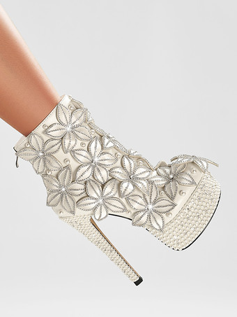 レディース アンクルブーツ ホワイト ラインストーン ブーティ PUレザー ラウンドトゥ スティレットヒール