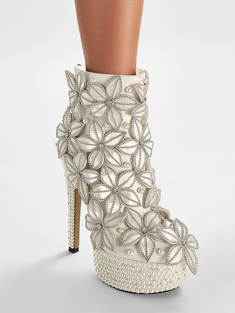 レディース アンクルブーツ ホワイト ラインストーン ブーティ PUレザー ラウンドトゥ スティレットヒール