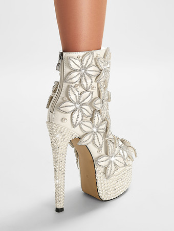 レディース アンクルブーツ ホワイト ラインストーン ブーティ PUレザー ラウンドトゥ スティレットヒール