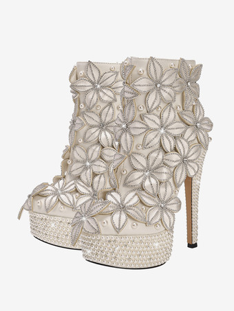 レディース アンクルブーツ ホワイト ラインストーン ブーティ PUレザー ラウンドトゥ スティレットヒール