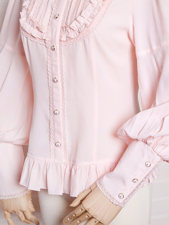 スイートロリータブラウス フリル レース 長袖 ピンクロリータトップ ロリータシャツ