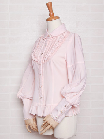 スイートロリータブラウス フリル レース 長袖 ピンクロリータトップ ロリータシャツ