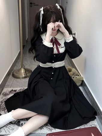 ゴシック ロリータ ドレス フリル リボン 水玉 ブラック ブラック