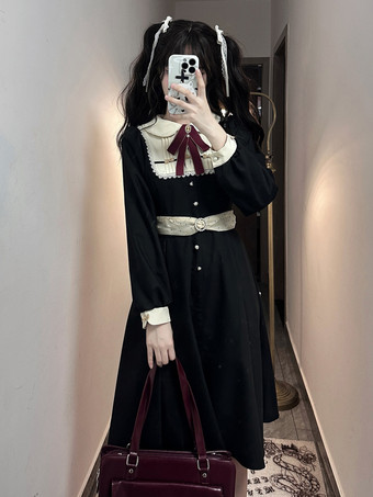 ゴシック ロリータ ドレス フリル リボン 水玉 ブラック ブラック