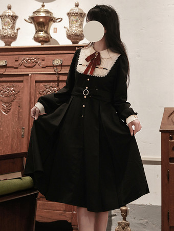 ゴシック ロリータ ドレス フリル リボン 水玉 ブラック ブラック