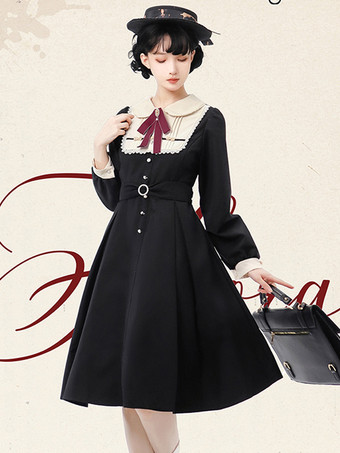 ゴシック ロリータ ドレス フリル リボン 水玉 ブラック ブラック