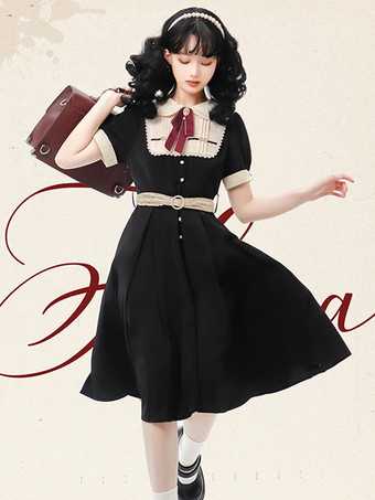 ブラック ゴシック ロリータ ドレス フリル リボン 水玉 ブラック ブラック