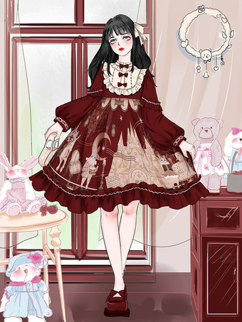 Gothic Lolita Dresses Bows Ruffles Floral Print Coffee Brown Coffee Brown