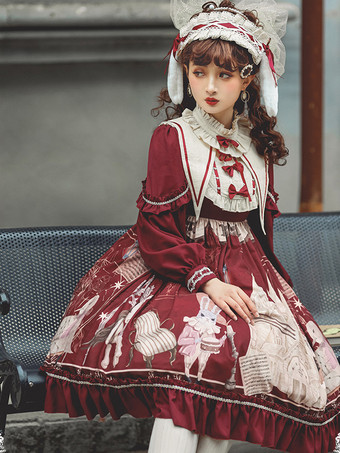 Gothic Lolita Dresses Bows Ruffles Floral Print Coffee Brown Coffee Brown