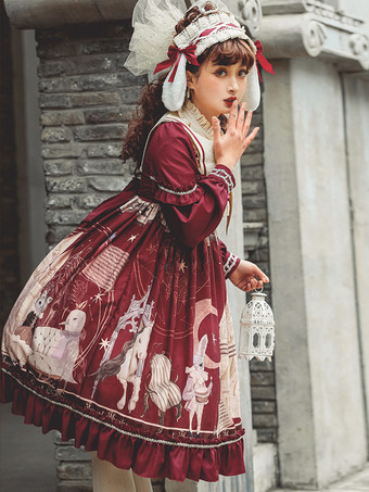 Gothic Lolita Dresses Bows Ruffles Floral Print Coffee Brown Coffee Brown