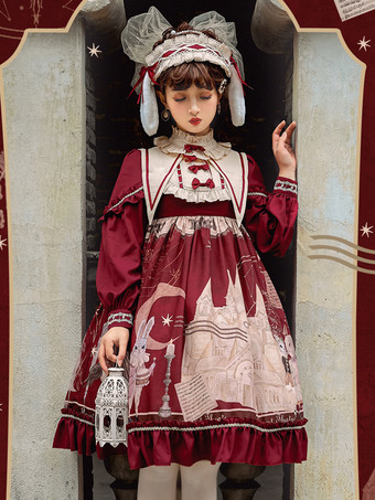 Burgundy Gothic Lolita Dresses Bows Ruffles Floral Print Coffee Brown Coffee Brown