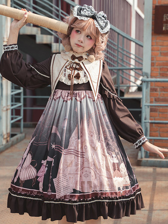 Gothic Lolita Dresses Bows Ruffles Floral Print Coffee Brown Coffee Brown