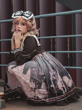 Gothic Lolita Dresses Bows Ruffles Floral Print Coffee Brown Coffee Brown