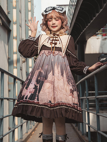 Coffee BrownGothic Lolita Dresses Bows Ruffles Floral Print Coffee Brown Coffee Brown