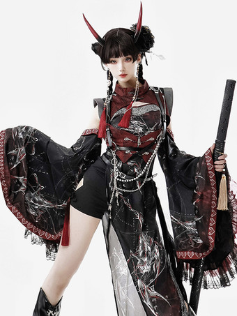 中国風ロリータドレス クロスロングスリーブ ポリエステル 中国風アニマルプリント ブラック レッド 中国風ロリータ